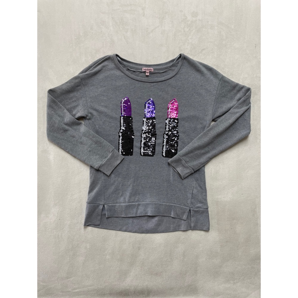 Juicy Couture Gray Sequin Lipstick Sweatshirt Women Medium Y2K Pullover Top